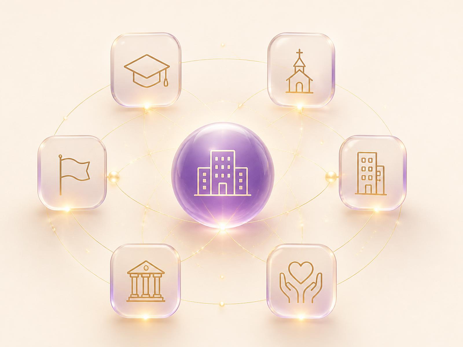 An enterprise workspace connected by golden threads to branded walls for universities, churches, companies, NGOs, government and campaigns